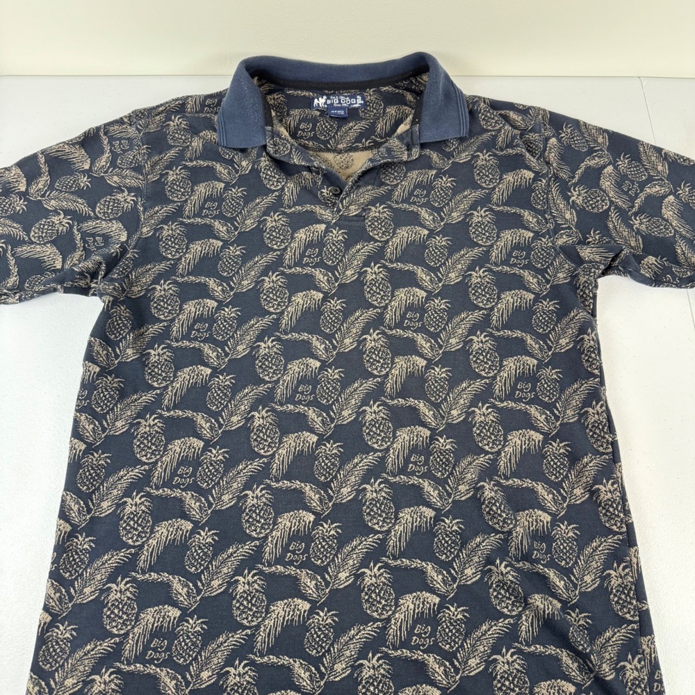 Big Dogs Mens XL Navy Blue Pineapple Tropical Print Short Sleeve Polo Shirt